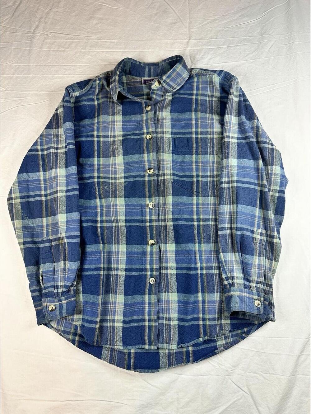 🧵 Vintage Erika & Co Blue Plaid Flannel Button-Up Shirt  M 💙